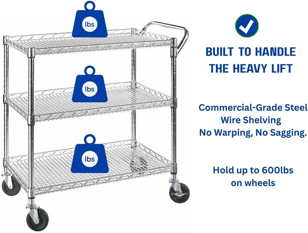 Heavy Duty 3 Tier Rolling Utility Kitchen Cart on Wheels,Large 45"L x 17...