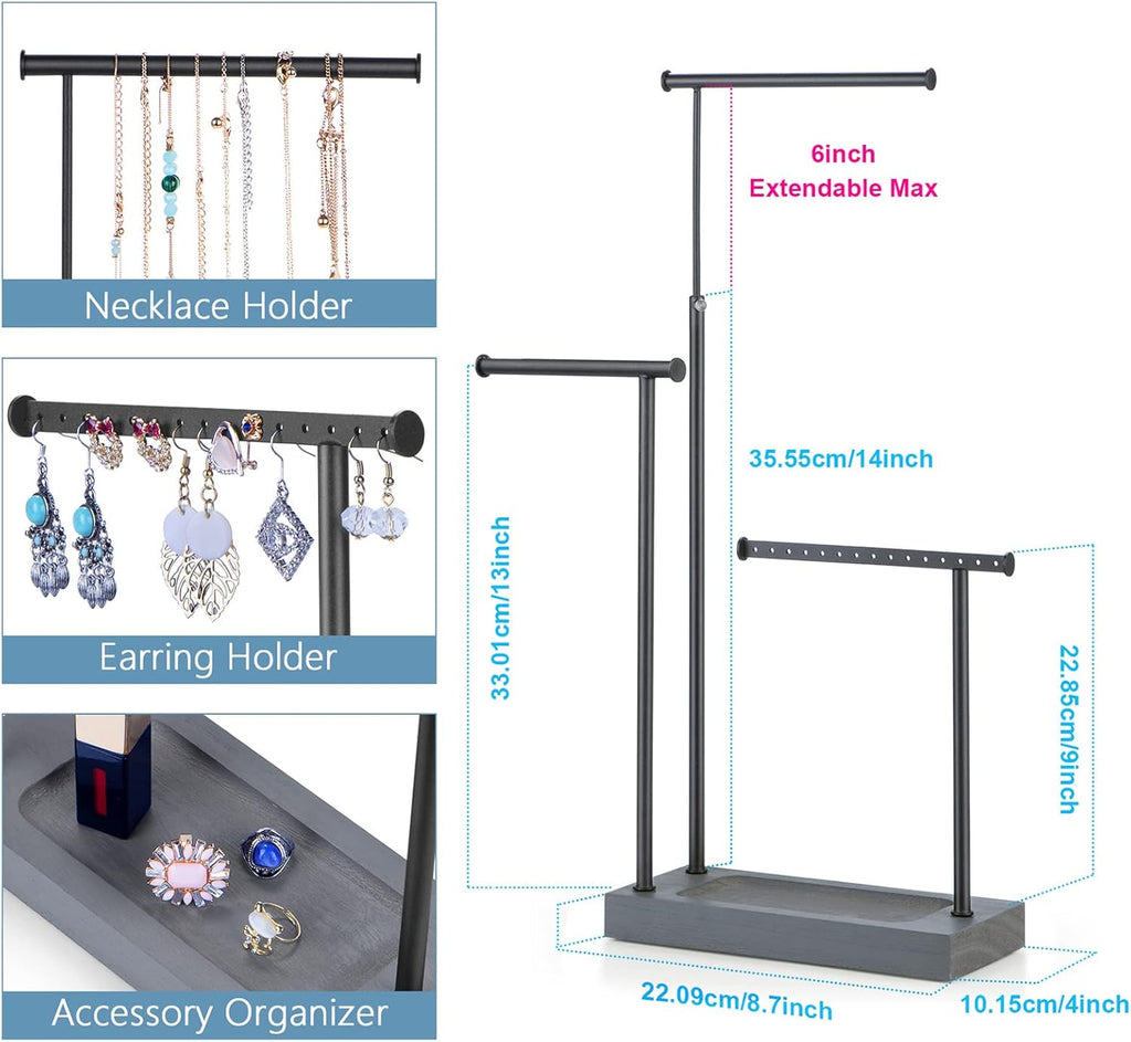 SRIWATANA Jewelry Organizer Display Extra Tall Necklace Holder 3 Tier Jewelry Tree Stand, Gift Idea (Weathered Grey & Black)