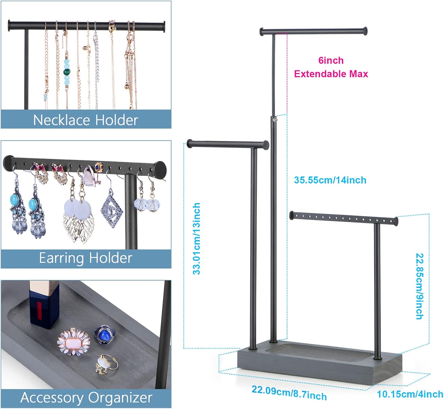 SRIWATANA Jewelry Organizer Display Extra Tall Necklace Holder 3 Tier Jewelry Tree Stand, Gift Idea (Weathered Grey & Black)