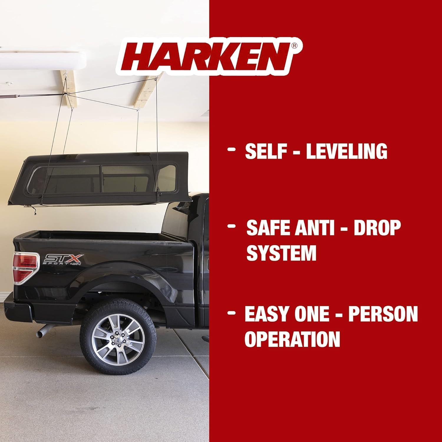 HARKEN - Truck Cap Overhead Garage Storage Hoist, Self-Leveling, Safe Anti-Drop System, Easy One-Person Operation, Smart Garage Organization - 7806