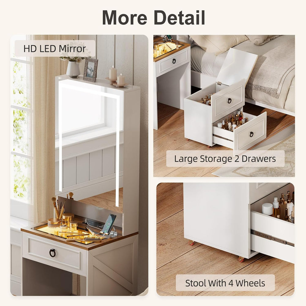 Small Vanity Desk with Mirror and Lights, Charging Station(White) | Makeup Va...