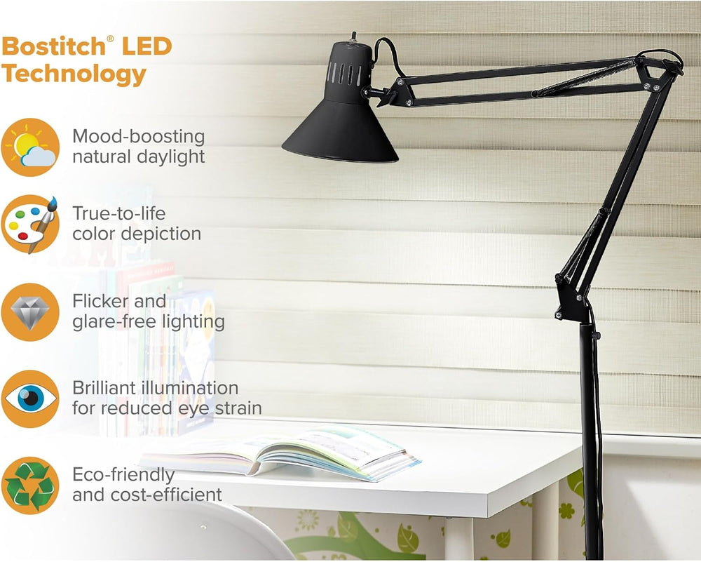 Bostitch Office VLF100F Swing Arm Metal Floor Lamp, 72" Tall with Multi-...