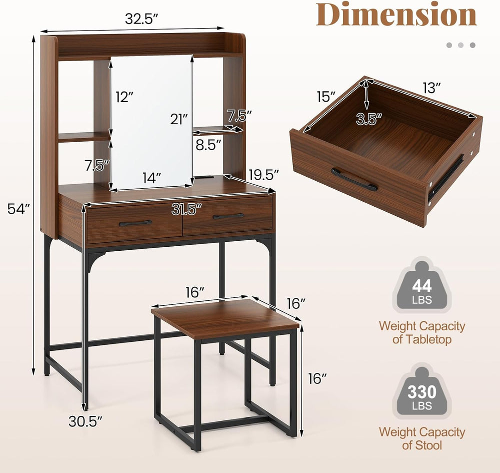 COSTWAY Vanity Desk with Mirror and Stool, Industrial Dressing Table with Pow...
