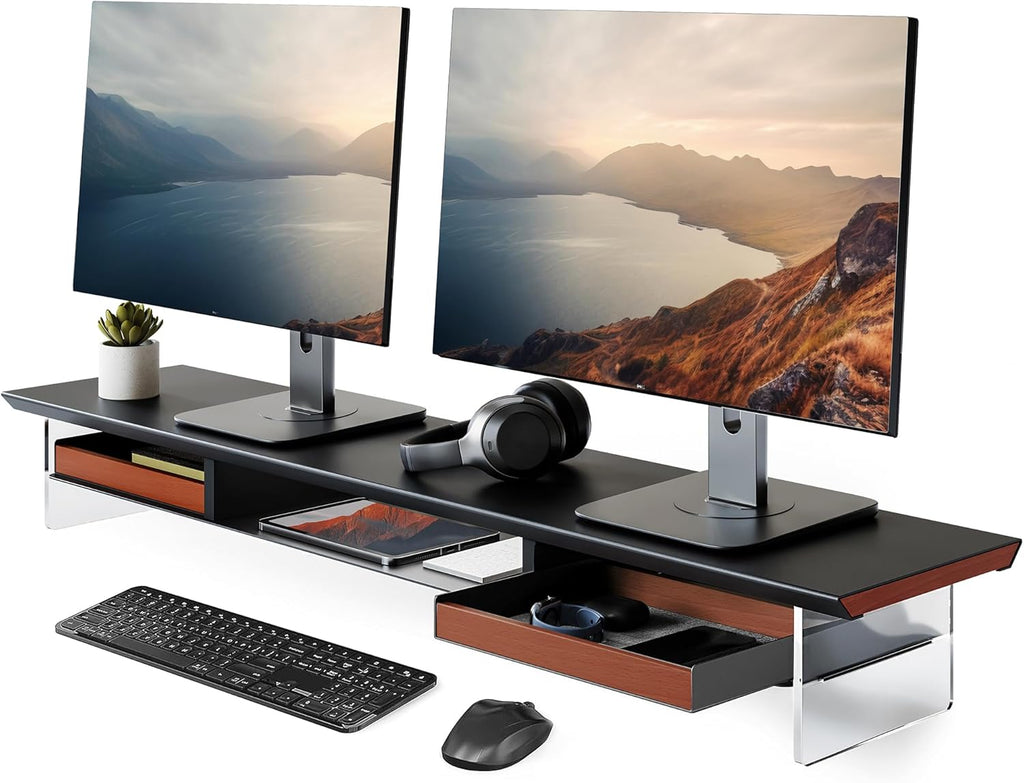 Fenge Dual Monitor Stand with Drawer, 42.5 Inch Large Monitor Riser with Acrylic Legs Supports, Computer Stand for Desk, 2 Tier Wood Desk Shelf with Storage Organizer for PC, Laptop, Printer, TV