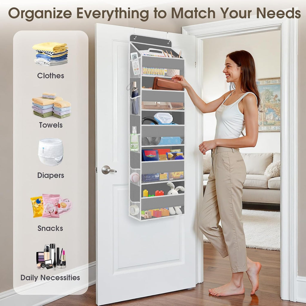 2 Pack Over The Door Organizer, Hanging Storage Organizer with Clear Window, 40lb Ultra Sturdy Large Capacity Room Organizer for Pantry Laundry Bathroom Nursery Closet (Grey)