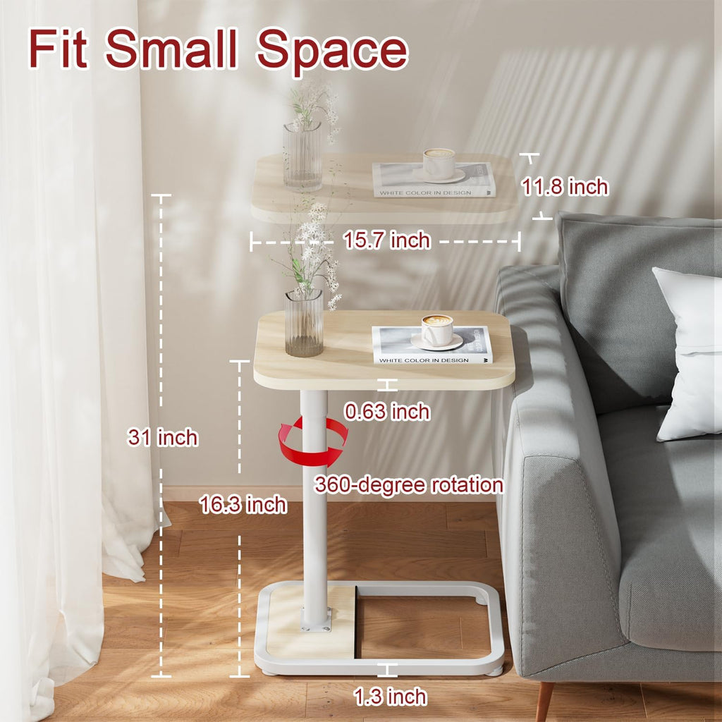 GOYLSER C Shaped End Table for Couch, Height Adjustable Rotatable Couch Tray Tables Sofa Table Tv Trays for Bedroom, Natural Wooden Swivel Side Table for Small Spaces
