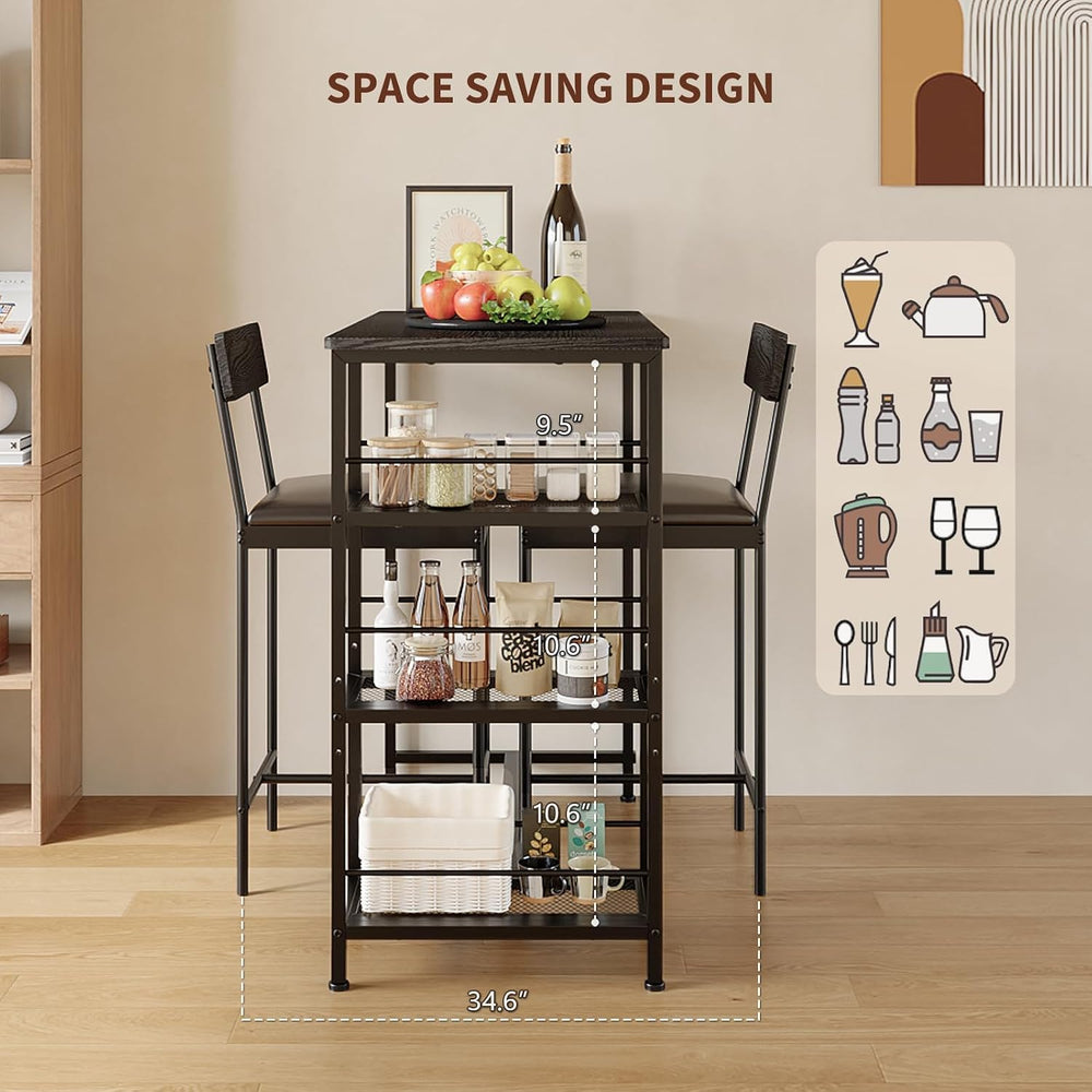 3-Piece Bar Table Set with 2 Bar Stools, Built-in Wine Rack and 3-Tier Storag...