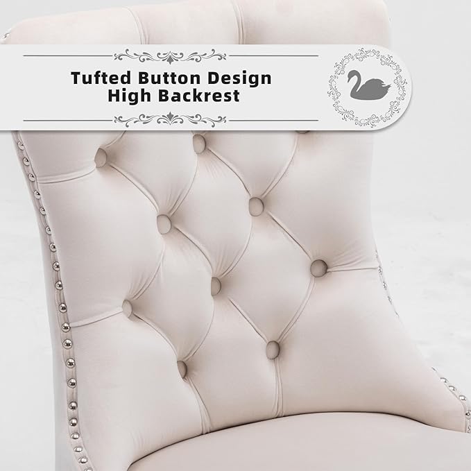 Velvet Upholstered Dining Chairs Set of 8, Modern Style Kitchen Side Chairs with Nailhead Trim and Wood Legs,Metal Pulling Ring for Dining Room Living Room(Beige)