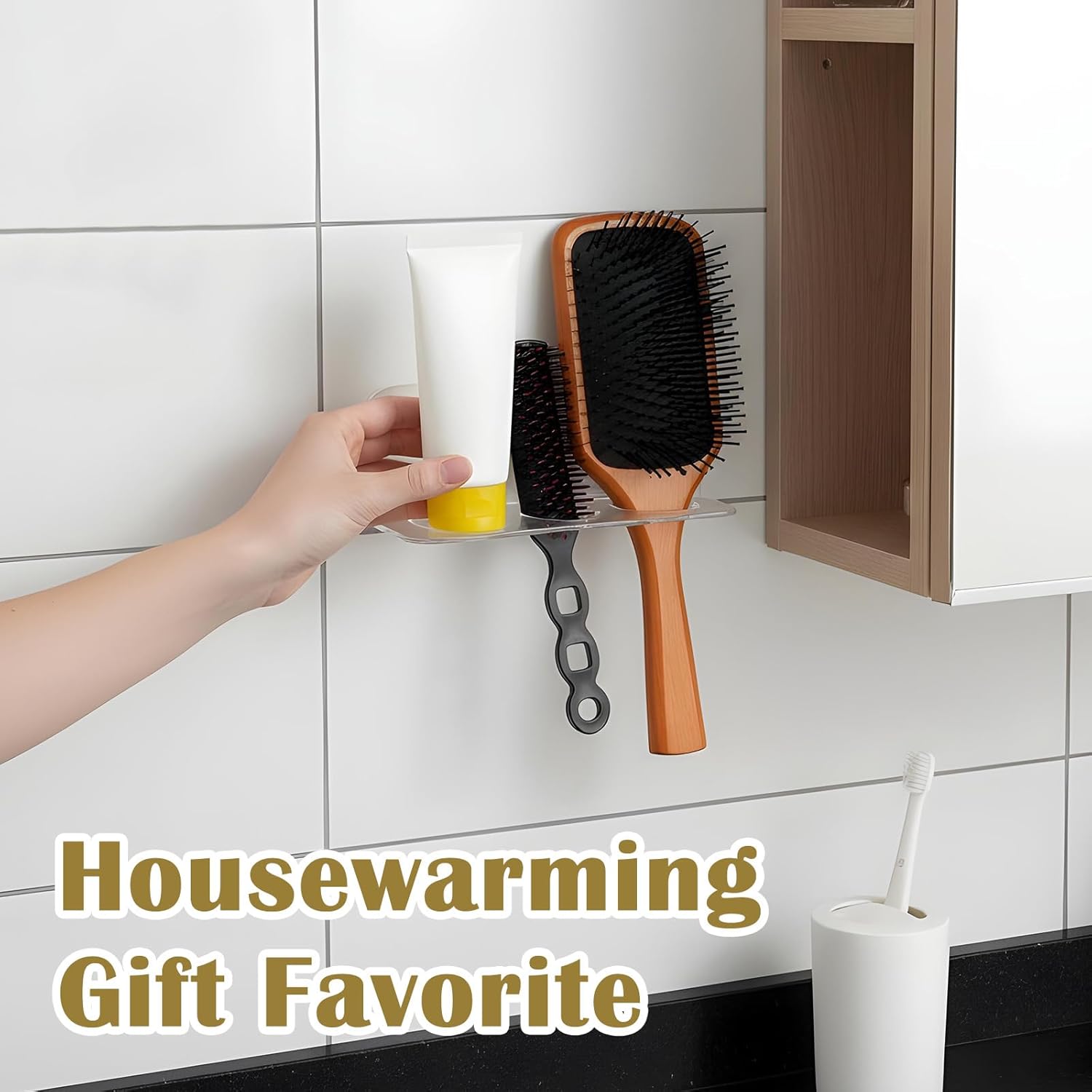Bathroom Hair Brush Holder Wall Mounted Hair Brush Organizer with 3 Holes Non Perforated Wall Mounted Shaver Storage Rack for Combs, Curling Irons, Razors