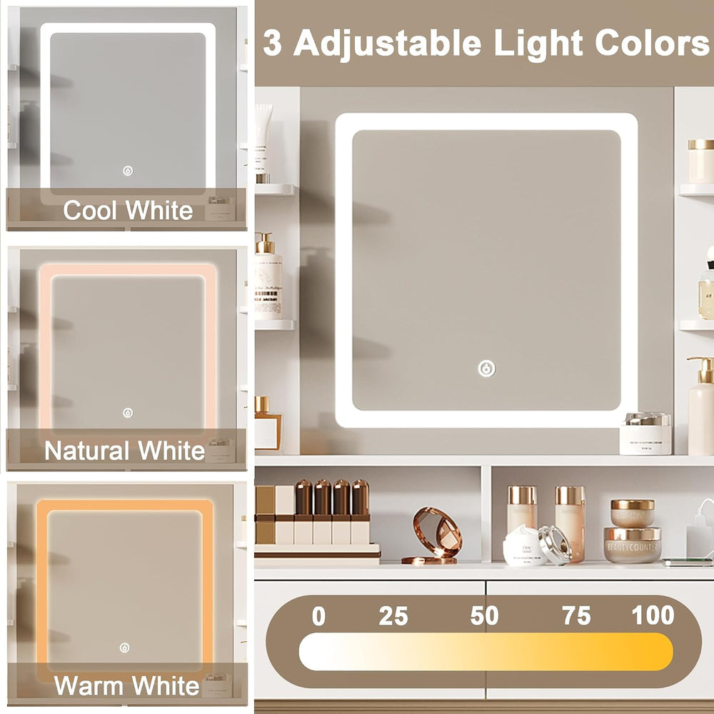 Vanity Desk with Lighted Mirror, Stool and Large Storage Space | Small Vanity...