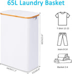 efluky Slim Laundry Basket with Lid, Narrow Laundry Hamper with Removable Bag, Skinny Dirty Clothes Basket with Bamboo Handles for Bathroom, Bedroom & Laundry Room, 65L White