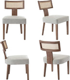 Modern Dining Chairs, Set of 4 - Rattan Back, Pu Leather Upholstered, Kitchen Chairs with Solid Wood Frame, Grey