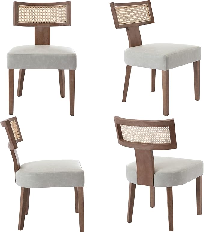 Modern Dining Chairs, Set of 4 - Rattan Back, Pu Leather Upholstered, Kitchen Chairs with Solid Wood Frame, Grey