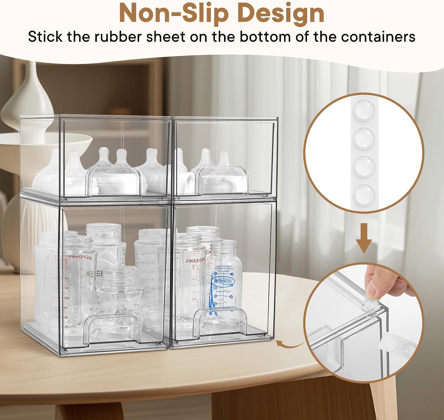 Baby Bottle Organizer, 4 Pack Clear Space-Saving Stackable Drawer with Handle, Baby Bottle Storage Organizer for Countertop and Cabinet