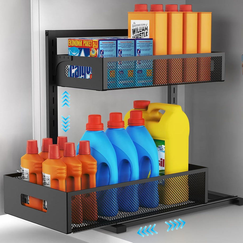 Under Sink Organizer Pull Out Cabinet Organizer Adjustable Height 2 Tier with Sliding Drawers Kitchen Bathroom Organizer and Storage(1pc)