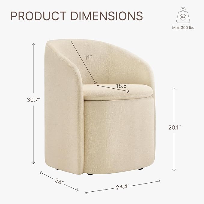 Upholstered Dining Chairs with Casters, No Assembly Rolling Modern Dining Room Chairs with Hidden Storage & Barrel Backrest, Accent Chair for Bedroom, Living Room, Dressing, Sand, Set of 1