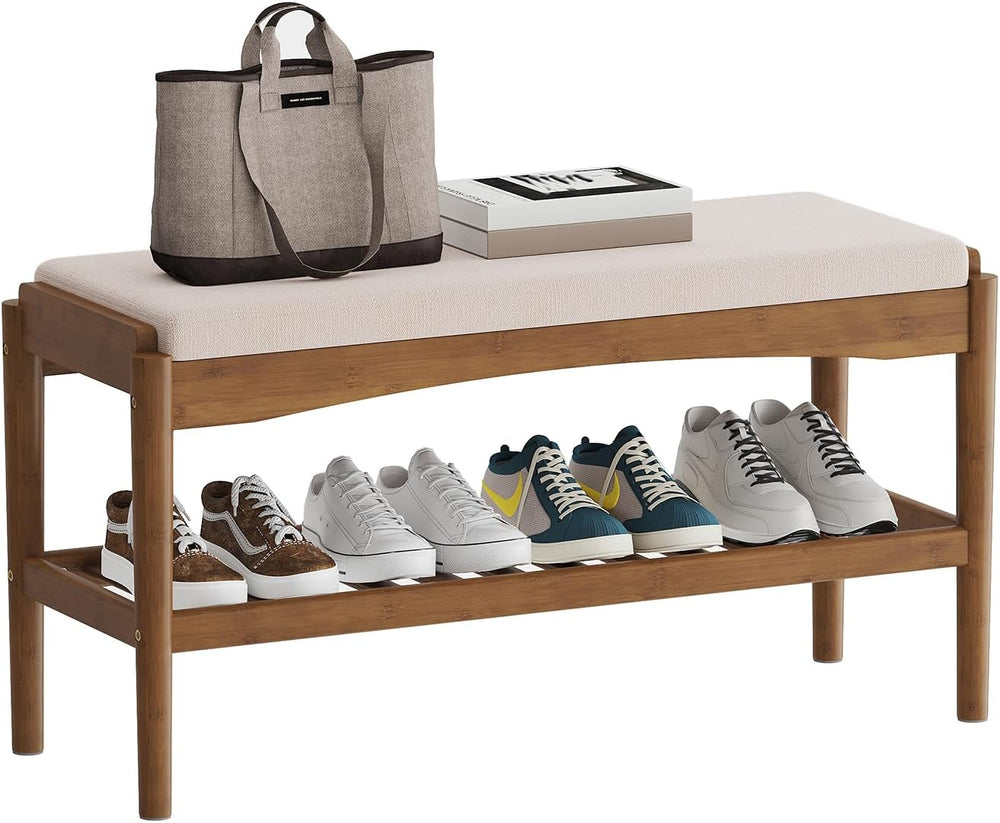 STDDRE Shoe Bench Entryway Bamboo 2-Tier Shoe Rack with Cushion Padded Seat S...