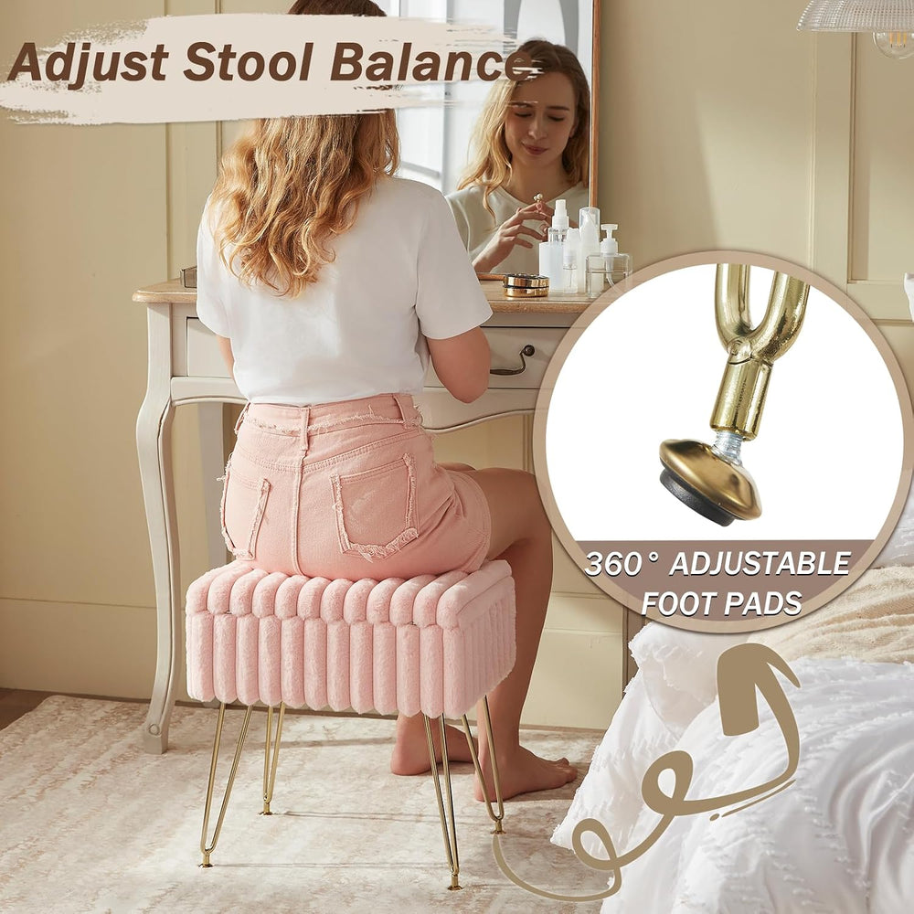 EBENCHICO Vanity Stool Chair with Storage, Faux Fur Stools for Vanity | Makeu...