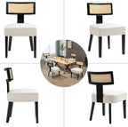 Upholstered Rattan Dining Chairs Set of 6, Mid-Century Modern Fabric Dining Room Chairs with Black Hardwood Frame, Curved Backrest Kitchen Armless Accent Chairs for Living Room (Cream)
