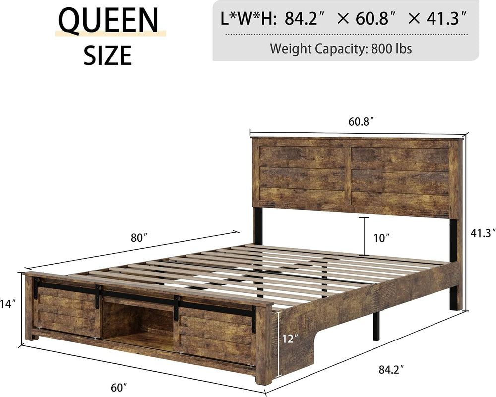 Wooden Queen Bed Frame with Headboard, Farmhouse Storage, Barn Door
