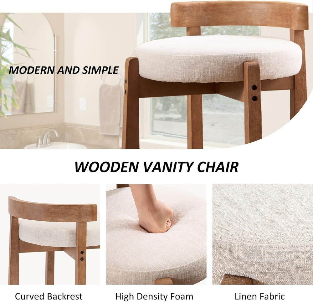 HEAH-YO Wood Vanity Chair with Back, Linen Upholstered Small Ottoman Footstoo...