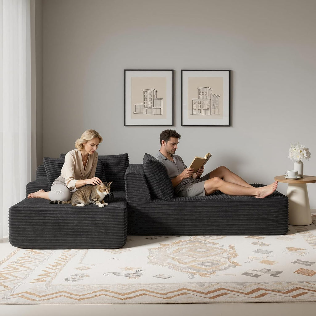 83” Oversized Double Chaise Lounge Chair Boneless Cloud Sofa Bed,Black | Double Lounge Chaise, Boneless Loveseat Sofa, Corduroy Chaise Lounge, Deep Seat Sleeper Couch for Living Room, No Assembly