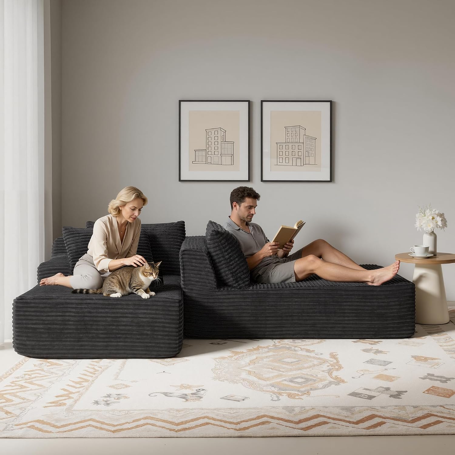 83” Oversized Double Chaise Lounge Chair Boneless Cloud Sofa Bed,Black | Double Lounge Chaise, Boneless Loveseat Sofa, Corduroy Chaise Lounge, Deep Seat Sleeper Couch for Living Room, No Assembly