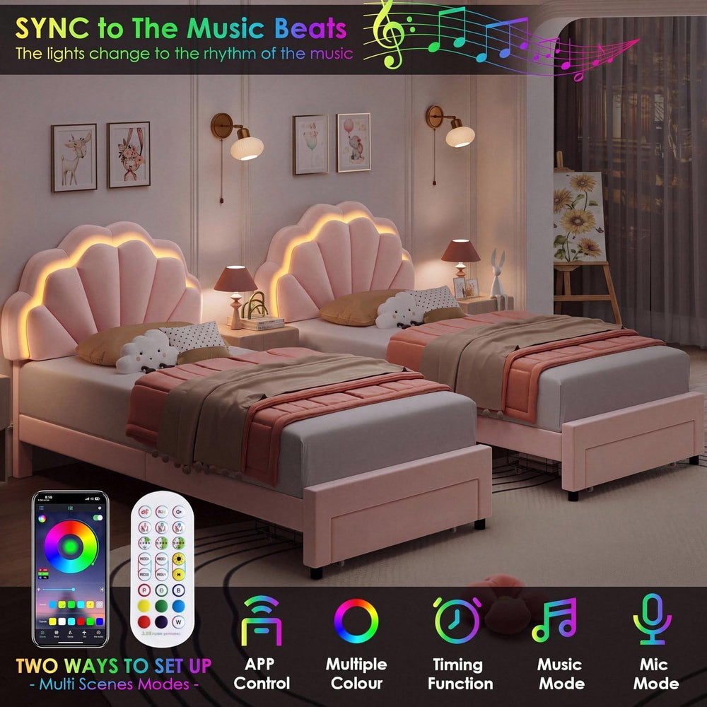 Girls Twin Upholstered LED Bed Frame with Petal Headboard & Storage, Pink