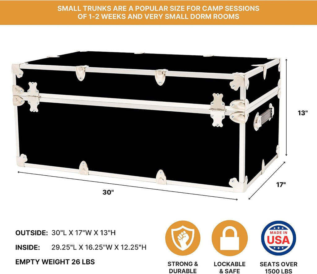 Rhino Classic Camp & College Trunk with Wheels, Footlocker, Dorm Storage | 30"L x 17"W x 13"H, 1500+ lb Capacity, Baltic Birch Plywood, Nickel Plated Steel, Lockable, College Dorm, Summer Camp