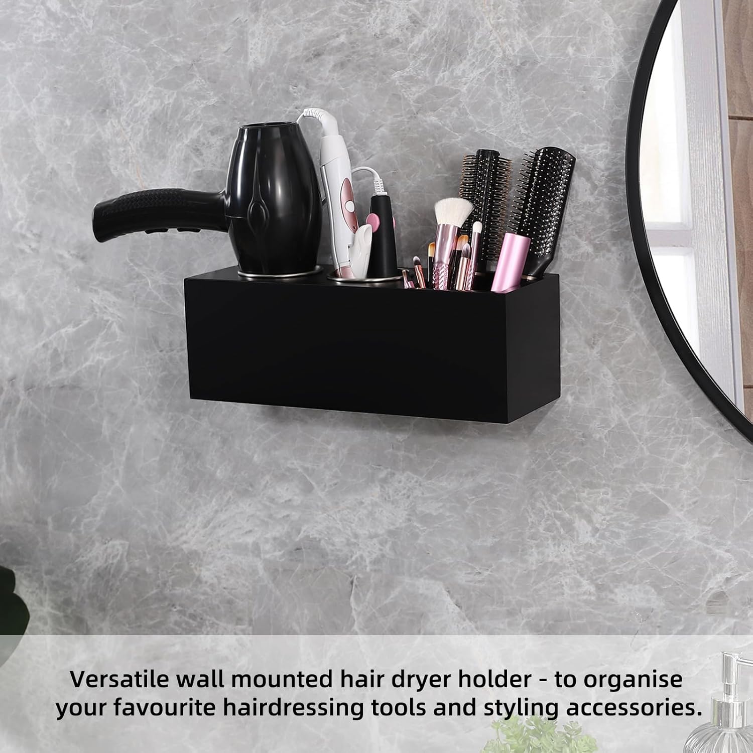 Hair Dryer Countertop Holder, Hair Tool Organizer Wall Mount, Blow Dryer Holder Cabinet Door Organizer, Bathroom Countertop Blow Dryer Holder and Curling Iron Holder (Cedar Wood, Black)