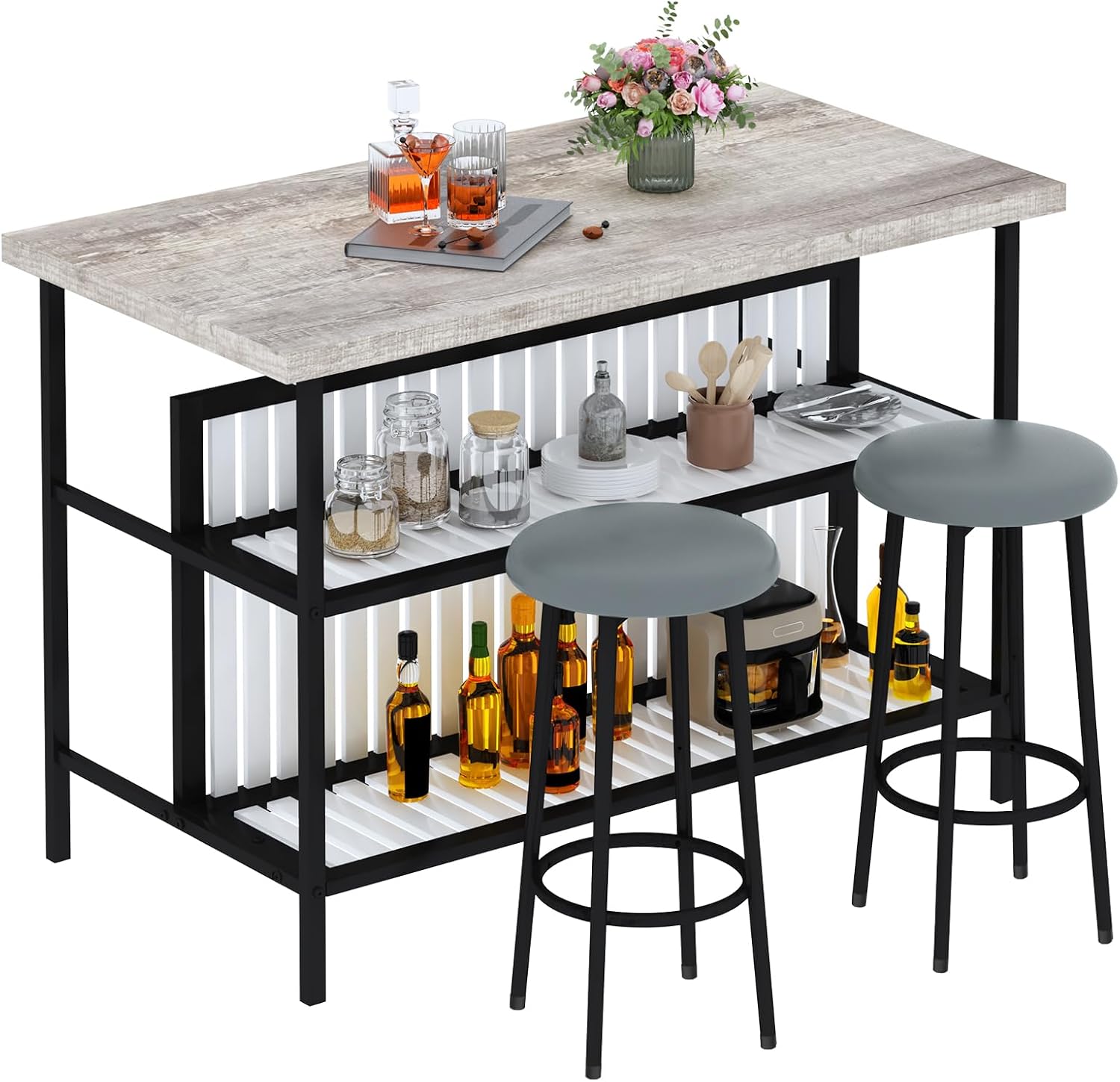 AWQM Kitchen Island with Seating & Storage, Bar Table and Chair Set, Grey | Modern Bar Table and Chairs Set for 2, Faux Marble Island Table, with 2 Chair, For Small Space, Apartment, Home Bar