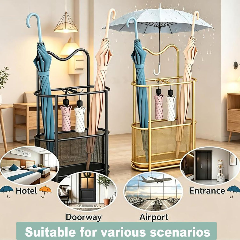 Freestanding Cat Ear Design Umbrella Holder for Entryway,Metal Mesh Umbrella Rack with Hooks & Bottom Drip Tray Storage Organizer Umbrella Stand,for Canes,Umbrellas,Home,Office,Hotel