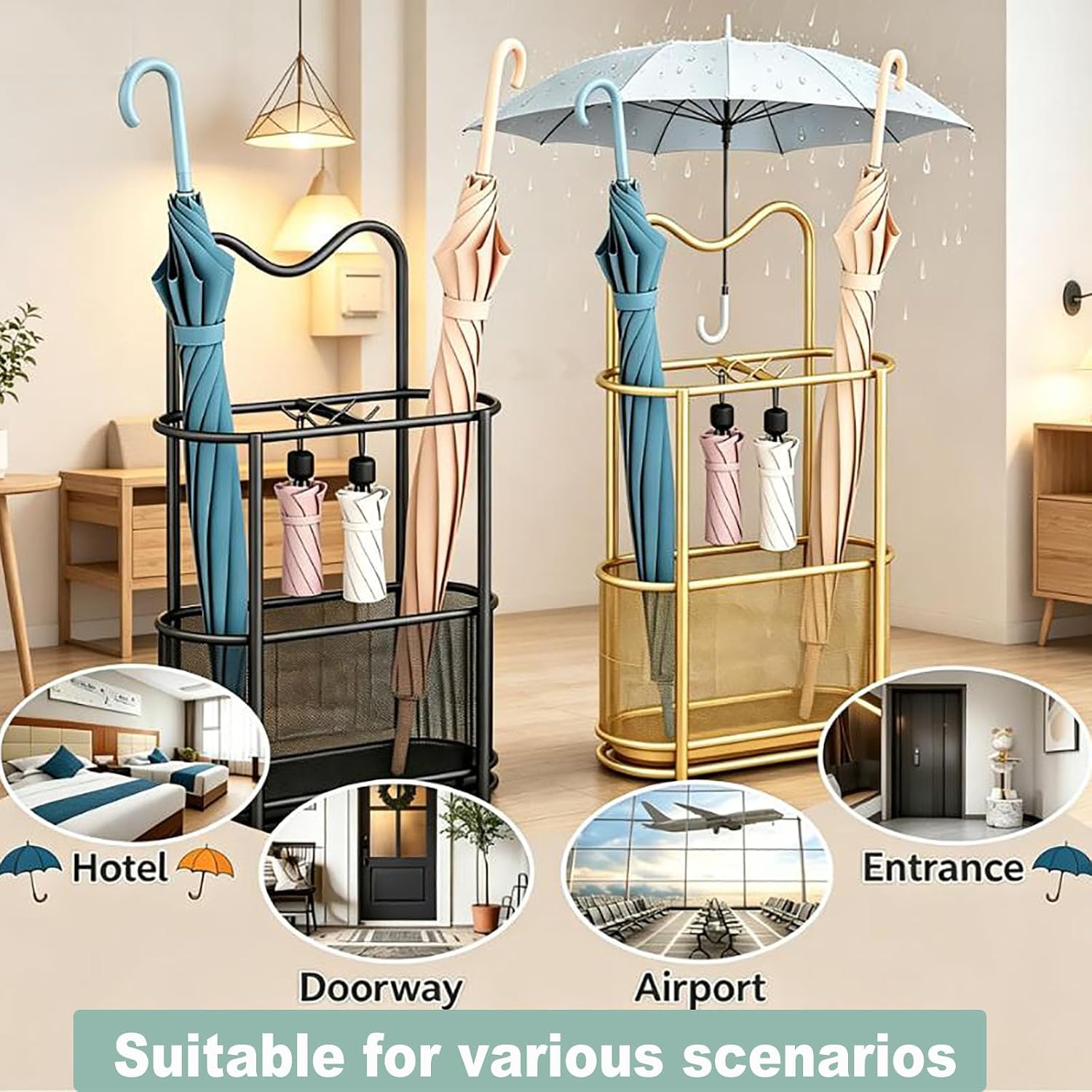Freestanding Cat Ear Design Umbrella Holder for Entryway,Metal Mesh Umbrella Rack with Hooks & Bottom Drip Tray Storage Organizer Umbrella Stand,for Canes,Umbrellas,Home,Office,Hotel