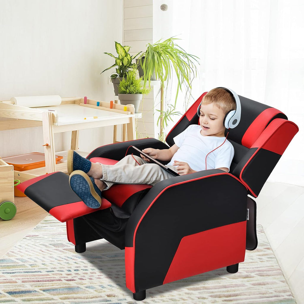 Kids Recliner, PU Leather Kid Lounge Chair w/Footrest, Armrest, Headrest & Lumbar Support, Adjustable Gaming Toddler Sofa Armchair for Boys Girls (Red)