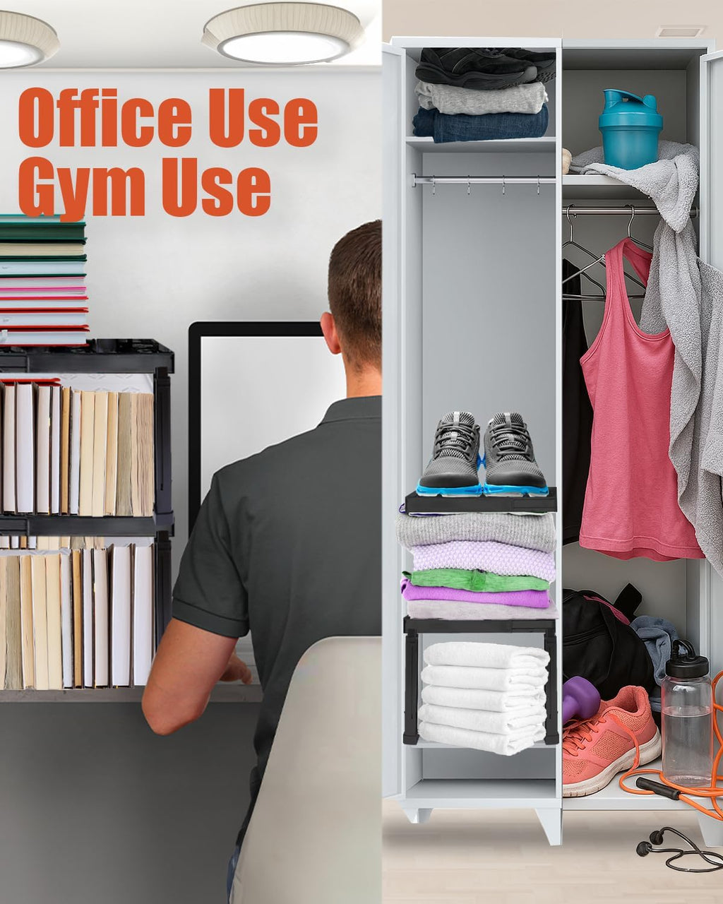 Adjustable Lokcer/Cabinet Organizer Shelf， Adjustable Width and Height, Ideal Locker for School, Office, and Gym Lockers… (Black 2 Pack New Version)