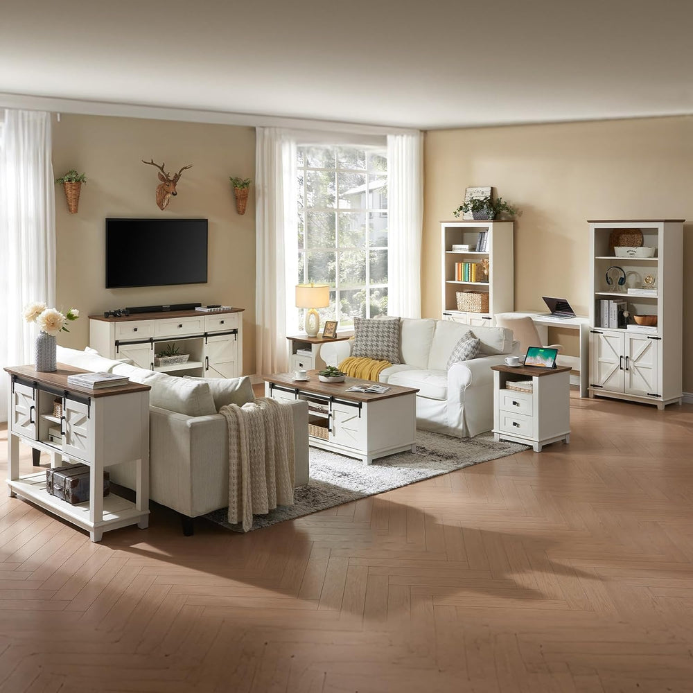 AMERLIFE Living Room Table Set of 5 with 59" TV Stand, Rustic White | Fa...