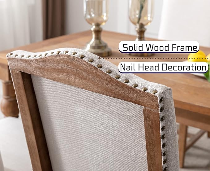 EALSON Farmhouse Dining Chairs Set of 6 with Wood Legs and Padded High Backs in Beige Linen