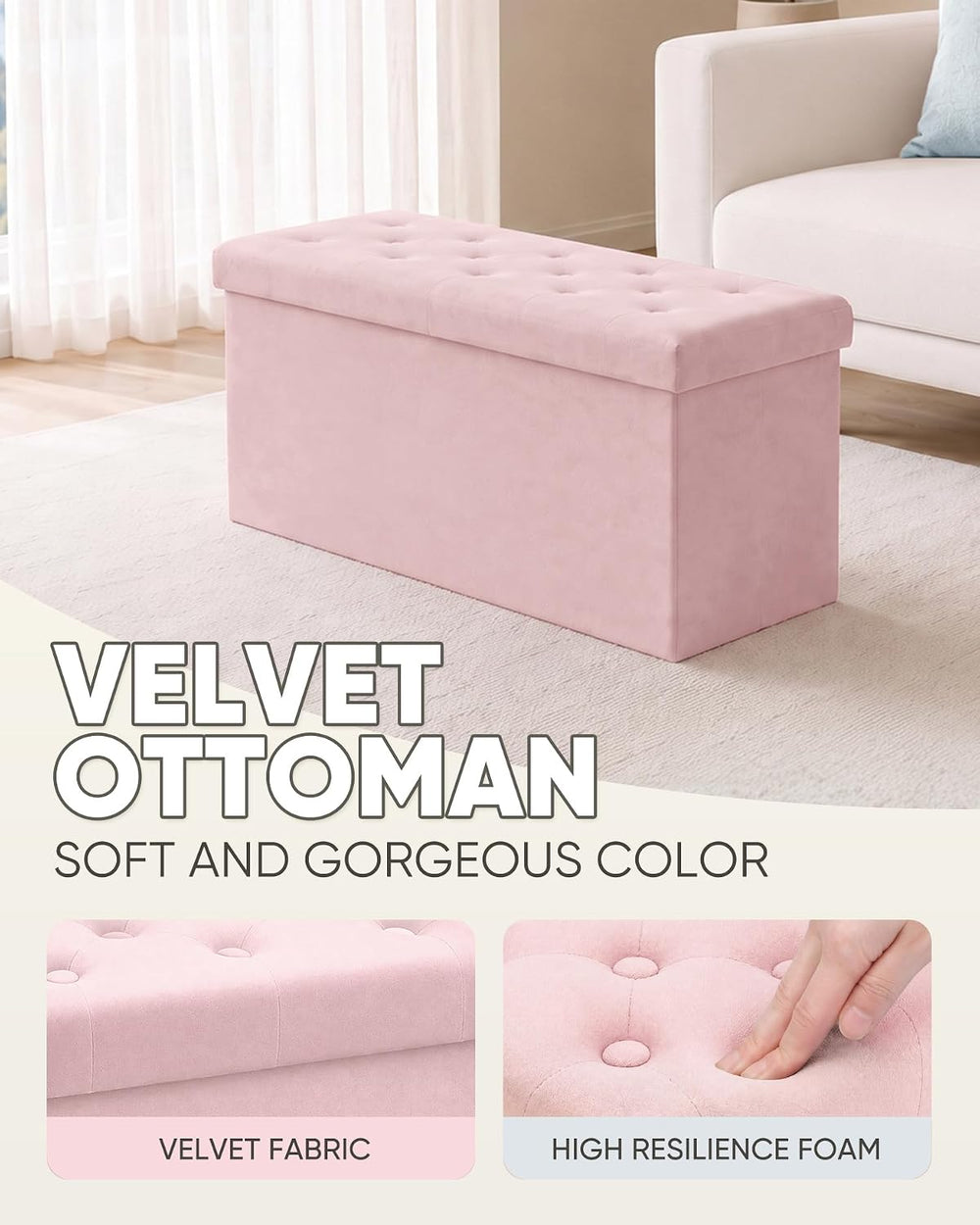 B FSOBEIIALEO Folding Storage Ottoman, Long Ottomans Shoes Bench, Velvet Stor...