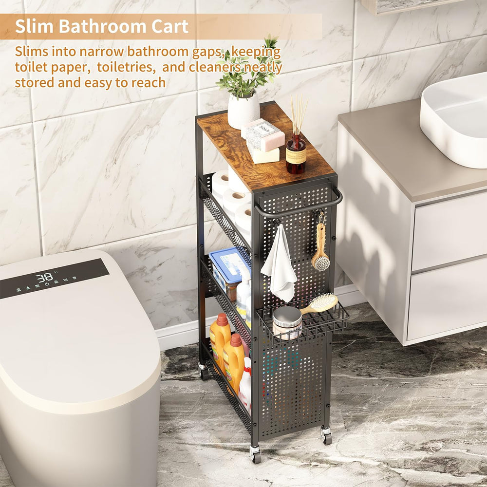 Slim Storage Rolling Cart: 4-Tier Narrow Metal & Wood Utility Cart with W...