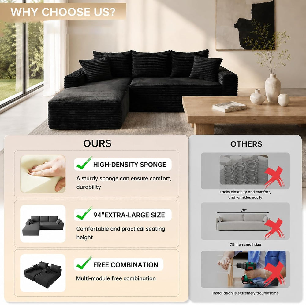 96" Cloud Boneless Sectional Couches with Chaise for Living Room
