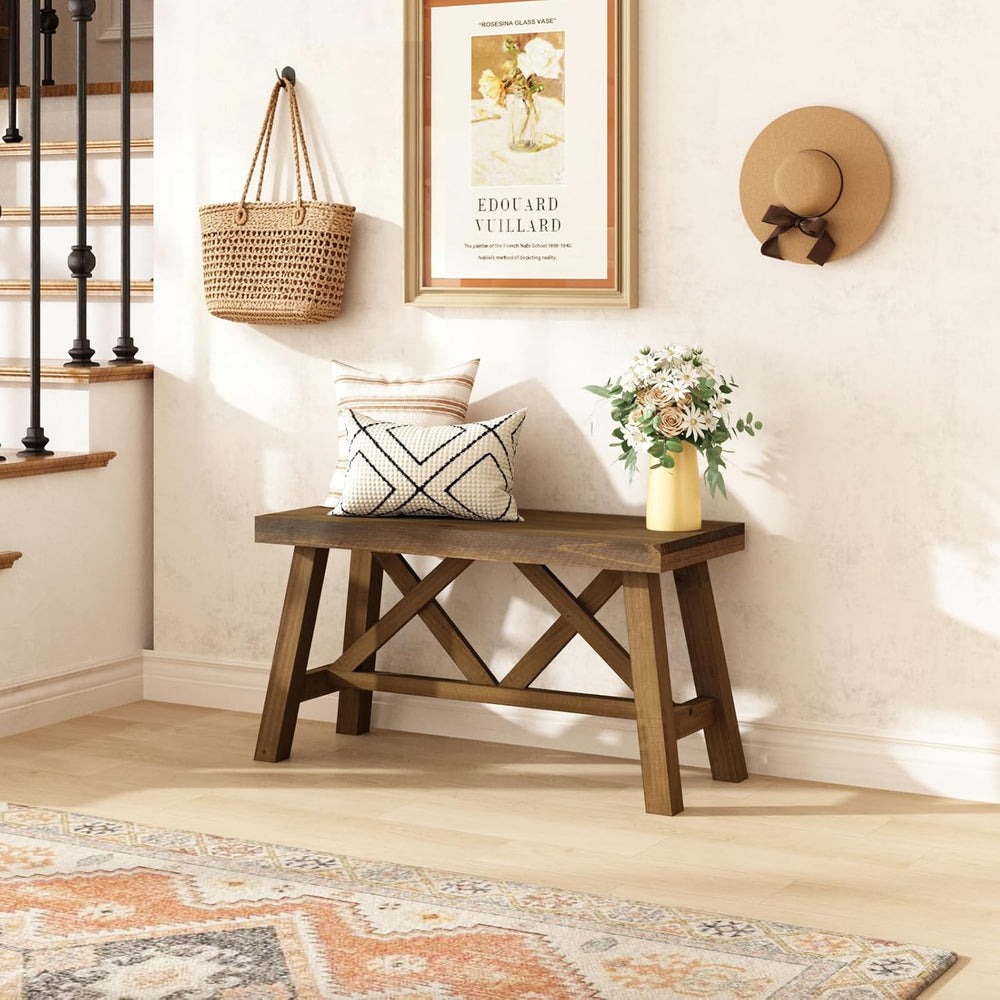 Wnutrees 30" Farmhouse Wood Bench, Rustic Solid Wood Entryway Bench Seat...
