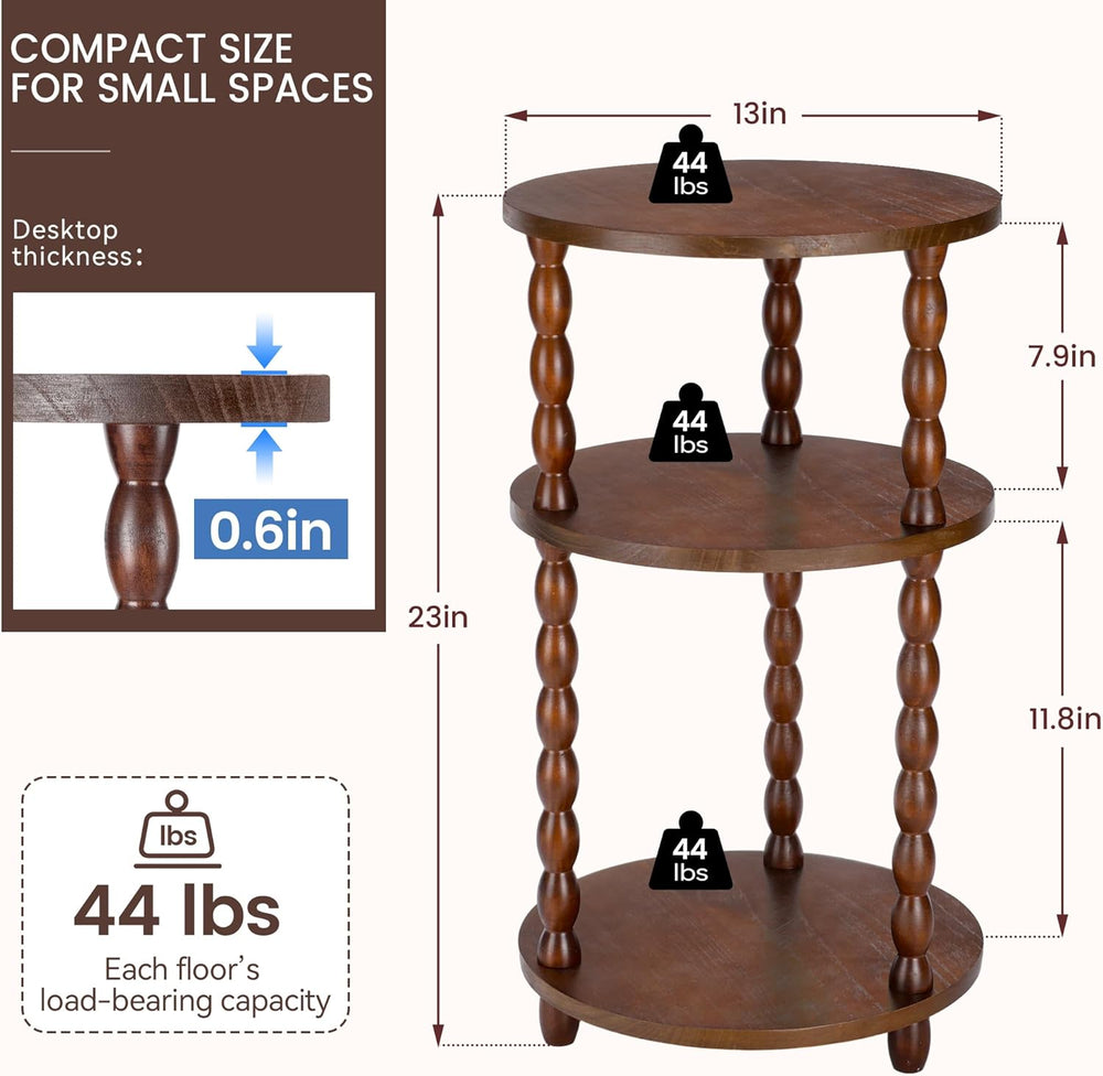 Small Round Side Table, 3-Tier Solid Wood End Table with Storage Shelf, Moder...
