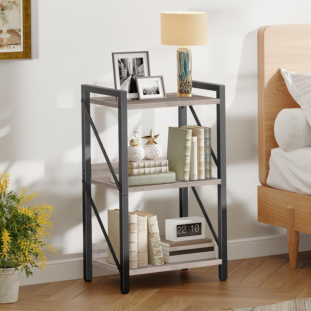 HOOBRO Bookshelf, 3-Tier Industrial Bookcase, Book Shelf Storage Organizer, Small Bookshelf with Metal Frame for Living Room, Bedroom, Home Office, Kitchen, Greige and Black BG71SJ01