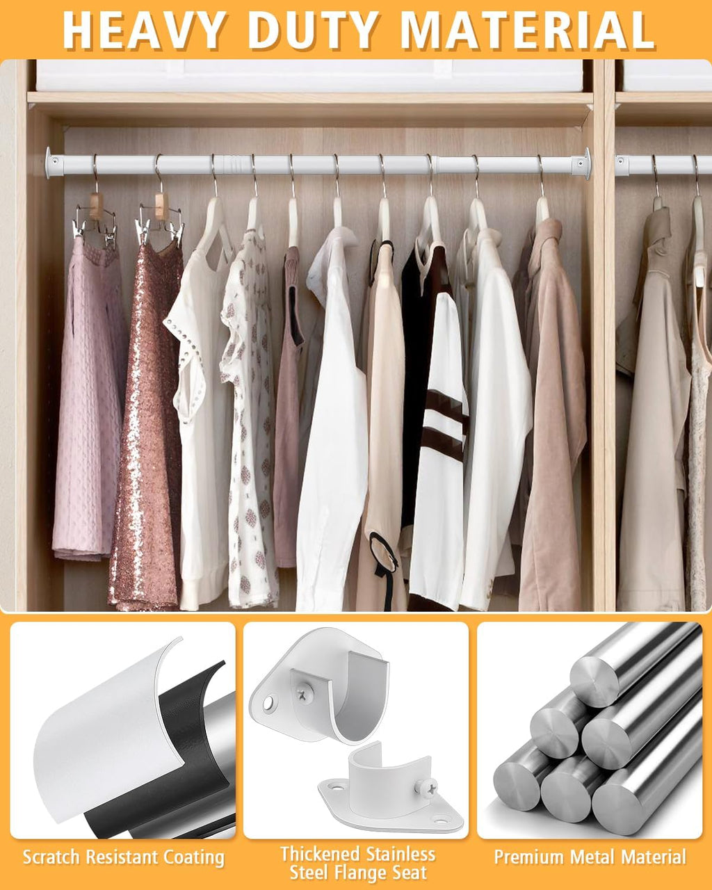 Closet Rod, 17 to 52 Inch Heavy Duty Adjustable Metal Clothing Rack for Hanging Clothes, Closet Poles for Wardrobes, Laundry, Durable Steel, White