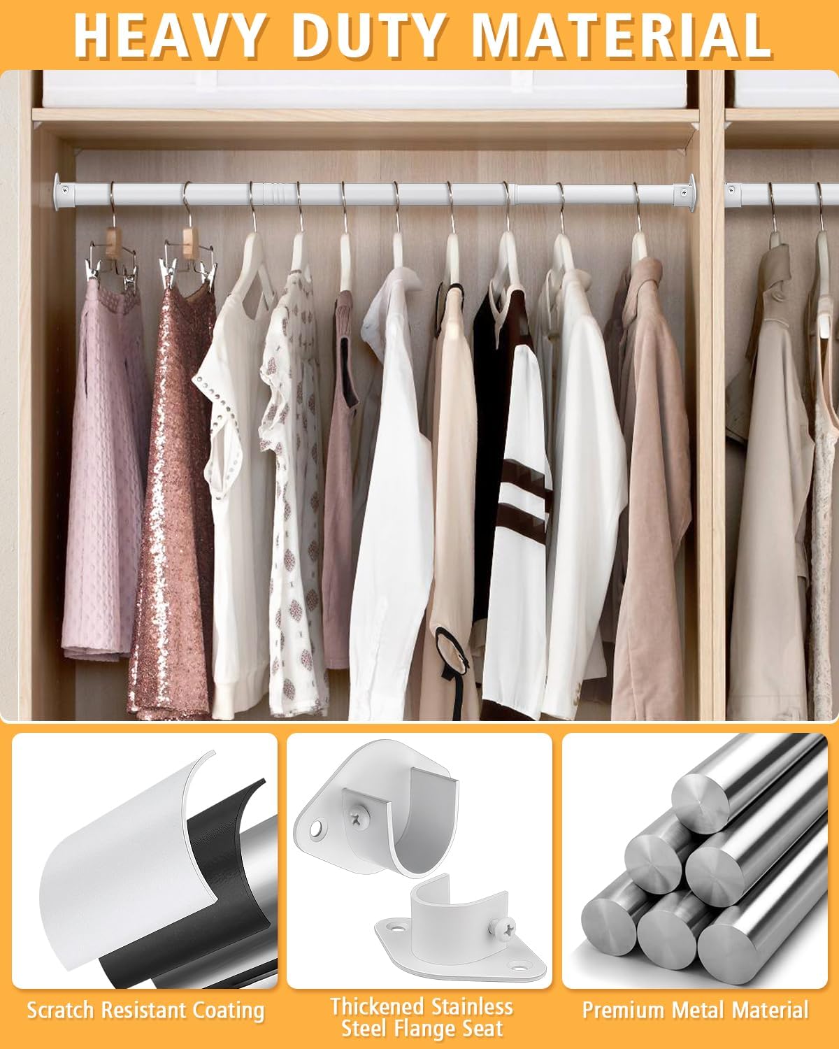 Closet Rod, 17 to 52 Inch Heavy Duty Adjustable Metal Clothing Rack for Hanging Clothes, Closet Poles for Wardrobes, Laundry, Durable Steel, White
