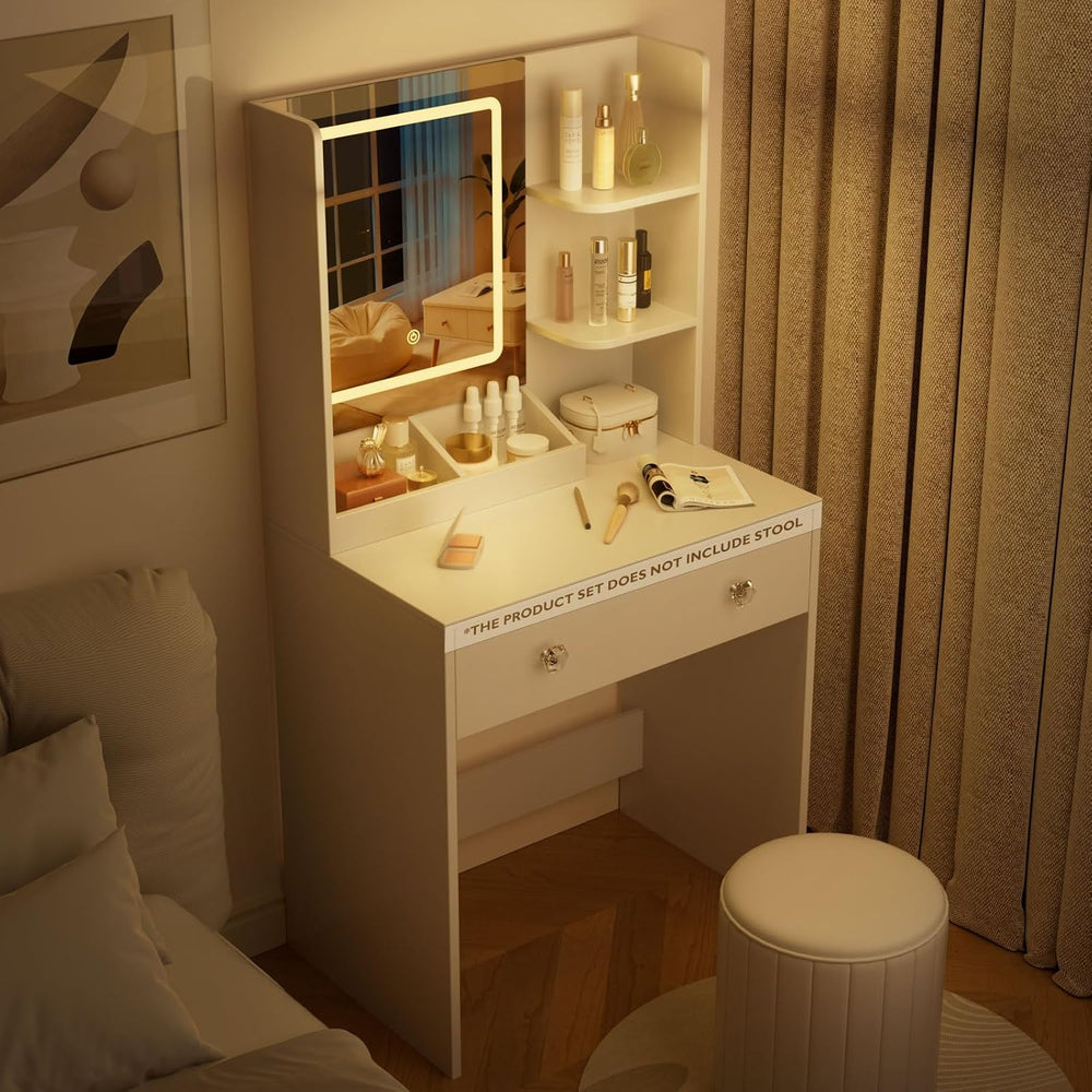 Korfile 24" White Small Vanity Desk with Lighted Mirror & Power Outl...