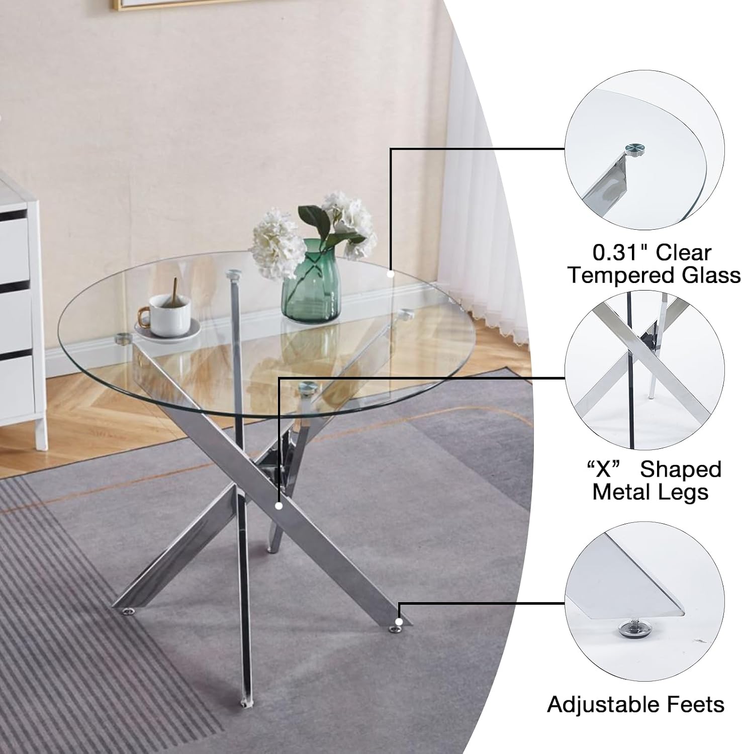36" Modern Silver Glass Dining Room Table Set for 4,5-Piece Round Kitchen Dining Table Set with Cross Metal Legs and 4 Olive Green Velvet Upholstered Chairs,Glass Kitchen Table & Chairs Set