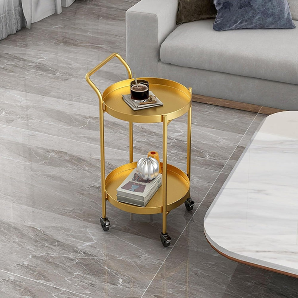 Round Side Table Metal End Coffee Table with Wheel Movable Tray Sofa Cart(Gol...