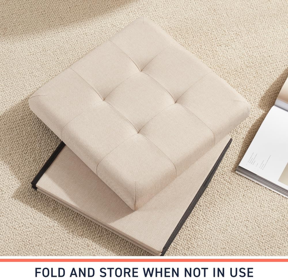 Ornavo Home 15 Inch Folding Storage Ottoman Cube, Tufted Linen, Beige