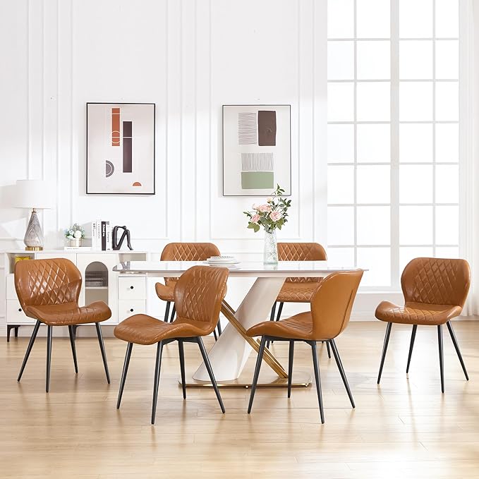 Dining Chairs Set of 6, Comfy Modern Dining Chairs with Thick Cushions, Upholstered Faux Leather Kitchen Side Chairs with Adjustable Metal Legs for Dining Room (Caramel)